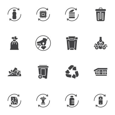 Geri dönüşüm ve sıfır atık vektör simgeleri seti, modern katı sembol koleksiyonu, doldurulmuş biçim piktogram paketi. İşaretler, logo illüstrasyonu. Atık ayıklama, çevre dostu, plastik torba olarak simgeleri içerir