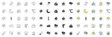 Hava tahmini farklı biçim simgesi seti. Çizgi, kabartma ve doldurulmuş renkli versiyon, ana hatlar ve doldurulmuş vektör işareti. Sembol, logo çizimi. Set yağmur, kar, bulut, güneş, sis gibi simgeleri içerir