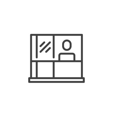 Hokey Penaltı Çizgisi ikonu. Mobil konsept ve web tasarımı için doğrusal biçim işareti. Ceza kutusu ana hatlı vektör ikonu üzerinde hokey oyuncusu. Sembol, logo çizimi. Vektör grafikleri