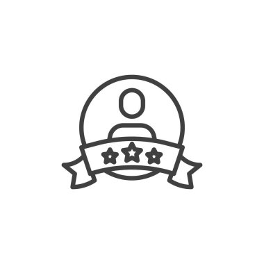 Kullanıcı Beğeni simgesi. Mobil konsept ve web tasarımı için doğrusal biçim işareti. Üç yıldızlı bir taslak vektör ikonu olan bir profil. Bireysel geri bildirim sembolü, logo illüstrasyonu. Vektör grafikleri