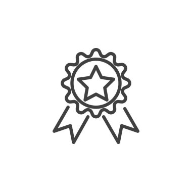 Yıldız Rozeti çizgisi simgesi. Mobil konsept ve web tasarımı için doğrusal biçim işareti. Rozet ve şerit çizgili vektör ikonu. Kalite tanıma sembolü, logo çizimi. Vektör grafikleri