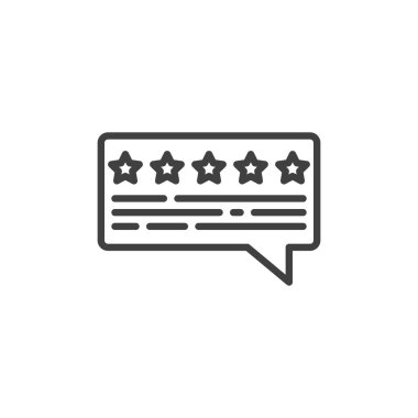 Beş Yıldız Gözden Geçirme çizgi simgesi. Mobil konsept ve web tasarımı için doğrusal biçim işareti. Beş yıldızlı konuşma balonu vektör ikonu. Mükemmel geri bildirim sembolü, logo illüstrasyonu. Vektör grafikleri