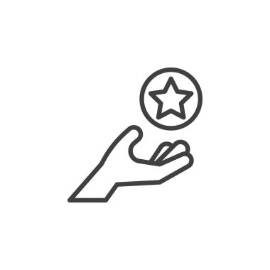Müşteri Sadakati çizgi ikonu. Mobil konsept ve web tasarımı için doğrusal biçim işareti. Bir yıldız çizgisi vektör simgesini elimle tutuyorum. Geri bildirim sembolü, logo çizimi. Vektör grafikleri