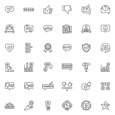 Müşteri değerlendirme çizgisi simgeleri ayarlandı. Doğrusal biçim sembolleri koleksiyonu, ana tabela işaretleri paketi. Geri besleme vektör grafikleri. Yıldız Beğeni, Başparmak Yukarı, İfade, Kullanıcı Yorumu, Olumlu Gözden Geçirme olarak simgeleri küme