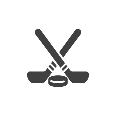 Buz hokeyi sopası ve puck vektör ikonu. Mobil konsept ve web tasarımı için düz tabela. Çapraz hokey sopası ve puck glyph ikonu. Sembol, logo çizimi. Vektör grafikleri