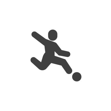 Futbolcu top vektör simgesini tekmeliyor. Mobil konsept ve web tasarımı için düz tabela. Futbolcu glyph ikonu vuruyor. Sembol, logo çizimi. Vektör grafikleri