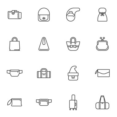 Torba çizgisi simgeleri seti, taslak vektör sembolü koleksiyonu, doğrusal resim paketi. İşaretler, logo illüstrasyonu. Set simgeleri el çantası, debriyaj, çanta, kese, çanta, kemer çantası olarak içerir