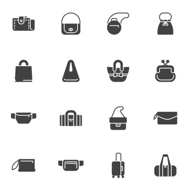 Poşet vektör simgeleri seti, modern katı sembol koleksiyonu, doldurulmuş resim paketi tipleri. İşaretler, logo illüstrasyonu. Set simgeleri el çantası, debriyaj, çanta, kese, çanta, kemer çantası olarak içerir