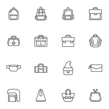 Bags satır simgeleri kümesi, ana hat vektör sembolü koleksiyonu, doğrusal biçim piktogram paketi. İşaretler, logo illüstrasyonu. Set simgeleri sırt çantası, bavul, çanta, çanta, çanta, çanta, sırt çantası