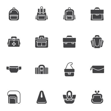 Bags vektör simgelerinin türleri, modern katı sembol koleksiyonu, doldurulmuş biçim piktogram paketi. İşaretler, logo illüstrasyonu. Set simgeleri sırt çantası, bavul, çanta, çanta, çanta, çanta, sırt çantası