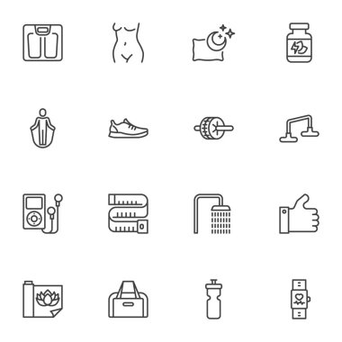 Spor ve Fitness çizgisi simgeleri seti, ana hatlı vektör sembolü koleksiyonu, doğrusal stil piktogram paketi. İşaretler, logo illüstrasyonu. Spor malzemesi olarak simgeler, ince vücut, su şişesi, yoga minderi