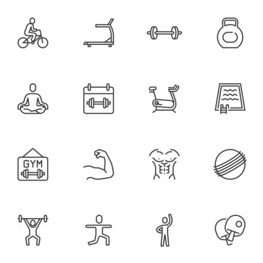 Spor salonu ve spor salonu çizgisi simgeleri seti, ana hatlı vektör sembolü koleksiyonu, lineer stil piktogram paketi. İşaretler, logo illüstrasyonu. Set, yüzme havuzu sporu, yoga eğitimi, halter, halter gibi simgeleri içerir