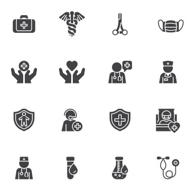 Tıbbi servis vektör simgeleri seti, modern katı sembol koleksiyonu, doldurulmuş biçim piktogram paketi. İşaretler, logo illüstrasyonu. Sette doktor, hemşire, hasta, steteskop ve sigorta olarak simgeler