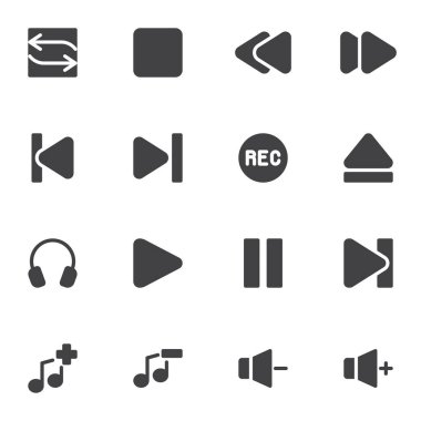 Ortam oynatıcı düğmeleri vektör simgeleri seti, modern katı sembol koleksiyonu, doldurulmuş biçim piktogram paketi. İşaretler, logo illüstrasyonu. Ses ve görüntü kontrol düğmeleri olarak simgeler kümesi, oynat, durdur, kaydet