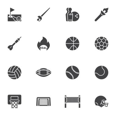 Spor ekipmanı vektör simgeleri seti, modern katı sembol koleksiyonu, doldurulmuş resim paketi. İşaretler, logo illüstrasyonu. Sette basketbol, futbol, futbol, beyzbol, voleybol gibi ikonlar yer alıyor