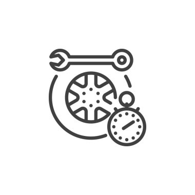 Pit Stop çizgi simgesi. Mobil konsept ve web tasarımı için doğrusal biçim işareti. Kronometre ana hatlı bir anahtar ve lastik. Hızlı onarım sembolü, logo çizimi. Vektör grafikleri