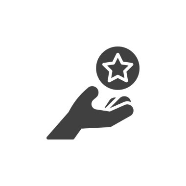 Bir yıldız vektör simgesini elimle tutuyorum. Mobil konsept ve web tasarımı için düz tabela. Müşteri Sadakati sembolü. Geri bildirim sembolü, logo çizimi. Vektör grafikleri