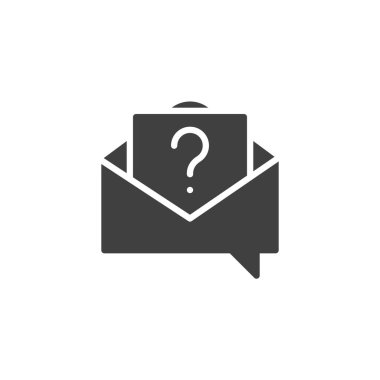 Soru işareti vektör simgesi içeren zarf. Mobil konsept ve web tasarımı için düz tabela. Geribildirim simgesi isteniyor. Sembol, logo çizimi. Vektör grafikleri