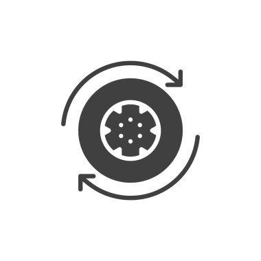 Oklar vektör ikonlu dönen bir çark. Mobil konsept ve web tasarımı için düz tabela. Yarış tekeri sembolü. Sembol, logo çizimi. Vektör grafikleri