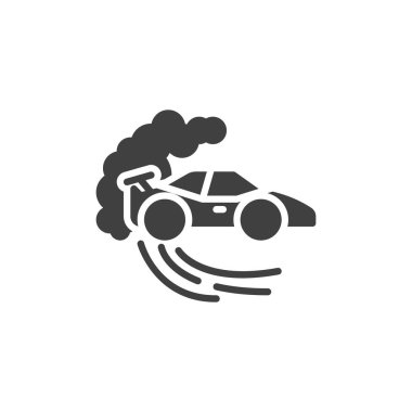 Yarış arabası duman vektör ikonu ile kayıyor. Mobil konsept ve web tasarımı için düz tabela. Araba Sürükleme simgesi. Sembol, logo çizimi. Vektör grafikleri