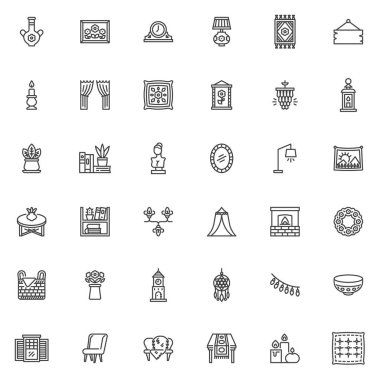 Ev dekorasyonu simgeleri ayarlandı. Doğrusal biçim sembolleri koleksiyonu, ana tabela işaretleri paketi. İç dekorasyon vektör grafikleri. Dekoratif vazo, resim çerçevesi, mobilya, masa lambası, saat olarak simgeleri içerir