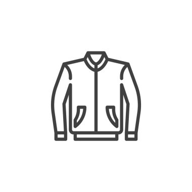 Uzun kollu ceket çizgisi ikonu. Mobil konsept ve web tasarımı için doğrusal biçim işareti. Cebi ve fermuarı olan bir ceket. Sembol, logo çizimi. Vektör grafikleri