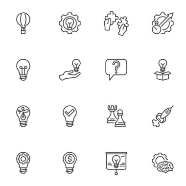 Yaratıcı fikir çizgisi simgeleri seti, ana hatlı vektör sembolü koleksiyonu, doğrusal biçim piktogram paketi. İşaretler, logo illüstrasyonu. Set problem çözme, ampul, beyin fırtınası ve sunum olarak simgeleri içerir