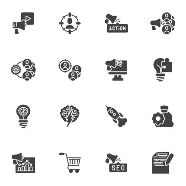 SEO ve promosyon vektör simgeleri seti, modern katı sembol koleksiyonu, doldurulmuş biçim piktogram paketi. İşaretler, logo illüstrasyonu. Set simgeleri dijital pazarlama, çevrimiçi reklam, sosyal medya olarak içerir