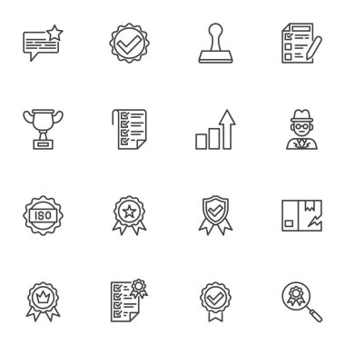 Kalite yönetim çizgisi simgeleri ayarlandı, taslak vektör koleksiyonu, doğrusal biçim piktogram paketi. İşaretler, logo illüstrasyonu. Set simgeleri kalite kontrolü, değerlendirme, gözden geçirme, onaylama, kontrol olarak içerir
