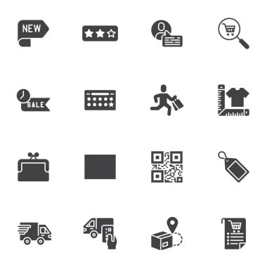 E-ticaret vektör simgeleri seti, modern katı sembol koleksiyonu, doldurulmuş biçim piktogram paketi. İşaretler, logo illüstrasyonu. Set simgeleri çevrimiçi alışveriş, müşteri incelemesi, dağıtım servisi, cüzdan olarak içerir