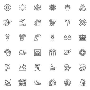 Dört mevsim çizgisi simgesi belirlendi. Doğrusal biçim sembolleri koleksiyonu, ana tabela işaretleri paketi. Mevsimler vektör grafikleri. Set simgesi: Kış Kartanesi, Yaz Güneşi, Sonbahar Yaprağı, Bahar Çiçeği, Mevsimlik Ağaç