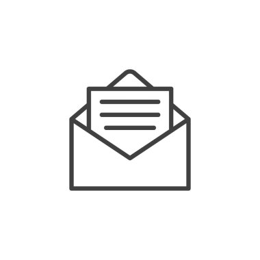 Harf satırı simgesi yaz. Mobil konsept ve web tasarımı için doğrusal biçim işareti. Kağıt taslağı vektör simgesi içeren zarfı aç. E- posta mesajı sembolü, logo illüstrasyonu. Vektör grafikleri