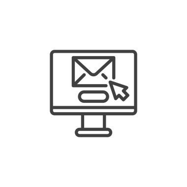 E- posta satırı simgesi yaz. Mobil konsept ve web tasarımı için doğrusal biçim işareti. E- posta gönderme düğmesi ana hatlı bir ekran. Sembol, logo çizimi. Vektör grafikleri