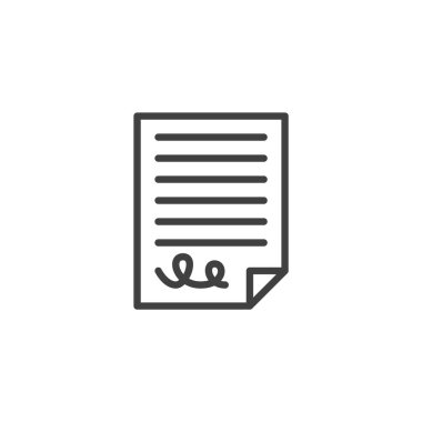 Sözleşme satırı simgesini yaz. Mobil konsept ve web tasarımı için doğrusal biçim işareti. İmzalı ana hatlı vektör simgesine sahip belge. Sembol, logo çizimi. Vektör grafikleri