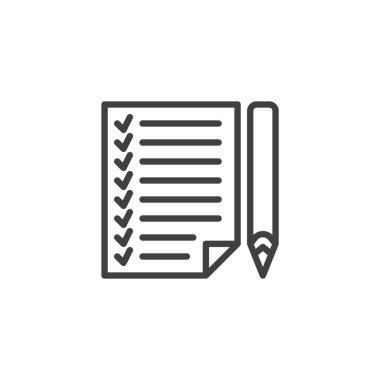 Yapılacaklar Listesi satır simgesi yaz. Mobil konsept ve web tasarımı için doğrusal biçim işareti. Kontrol işareti ve kalem çizgisi vektör simgesi olan bir kağıt. Sembol, logo çizimi. Vektör grafikleri