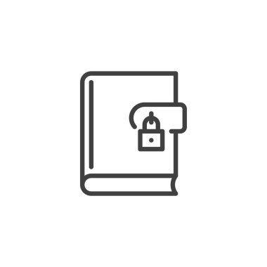 Günlük girdisi satırı simgesi yaz. Mobil konsept ve web tasarımı için doğrusal biçim işareti. Asma kilit ana hatlı vektör simgesi olan bir günlük. Hafıza ve gizlilik sembolü, logo çizimi. Vektör grafikleri