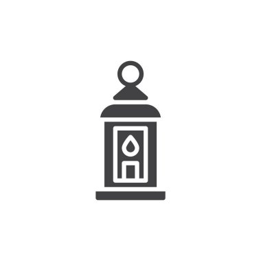 İçinde bir mum olan klasik bir fener. Mobil konsept ve web tasarımı için düz tabela. Dekoratif Fener sembolü. Sembol, logo çizimi. Vektör grafikleri