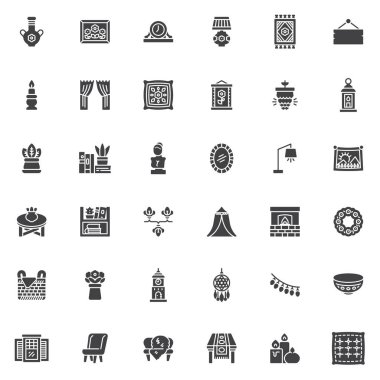 İç dekorasyon vektör simgeleri seti, modern katı sembol koleksiyonu, doldurulmuş resim paketi. İşaretler, logo illüstrasyonu. Dekoratif vazo, çerçeve, mobilya, masa lambası olarak simgeleri içerir