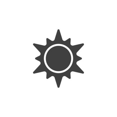 Işın vektör ikonu ile parlak güneş. Mobil konsept ve web tasarımı için düz tabela. Summer Sun sembol simgesi. Yaz ve ısı sembolü, logo çizimi. Vektör grafikleri