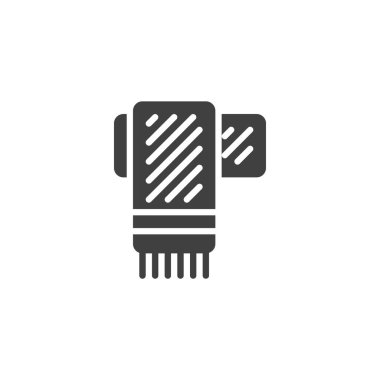 Üzerinde püsküllü vektör simgesi olan yün bir eşarp. Mobil konsept ve web tasarımı için düz tabela. Sonbahar eşarp simgesi. Sembol, logo çizimi. Vektör grafikleri