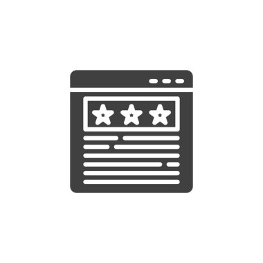 Belge ve yıldız derecelendirme vektör simgesi içeren bir web sayfası. Mobil konsept ve web tasarımı için düz tabela. İnceleme simgesi yaz. Sembol, logo çizimi. Vektör grafikleri