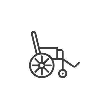 Tekerlekli sandalye çizgisi simgesi. Mobil konsept ve web tasarımı için doğrusal biçim işareti. Tekerlekli sandalye taslak vektör ikonu. Taşınabilirlik yardımı sembolü, logo çizimi. Vektör grafikleri