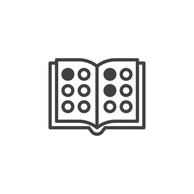 Braille Kitap Çizgisi simgesi. Mobil konsept ve web tasarımı için doğrusal biçim işareti. Dokunsal ana hatları okuma ikonu olan bir kitap. Sembol, logo çizimi. Vektör grafikleri