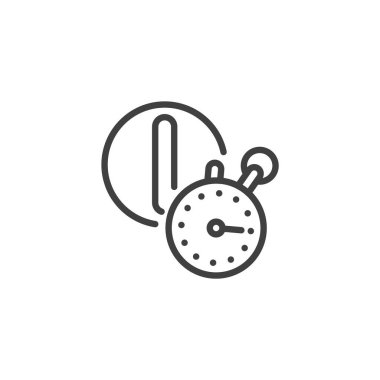 Hızlı Ağrı Kurtarma Hattı simgesi. Mobil konsept ve web tasarımı için doğrusal biçim işareti. Bir kronometre ve bir hap taslak vektör ikonu. Hızlı ağrı kesici sembolü, logo çizimi. Vektör grafikleri