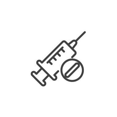 Ağrı kesici ikonu enjekte et. Mobil konsept ve web tasarımı için doğrusal biçim işareti. Bir şırınga ve hap ana hatlı vektör ikonu. Eczane sembolü, logo illüstrasyonu. Vektör grafikleri