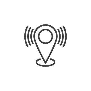 Konum Bulunan Satır simgesi. Mobil konsept ve web tasarımı için doğrusal biçim işareti. Yanıp sönen bir konum pin ana hatlı vektör simgesi. Sembol, logo çizimi. Vektör grafikleri