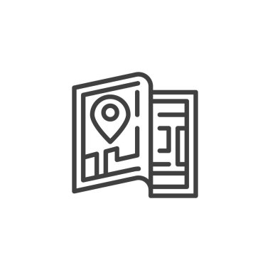 Çevrimdışı Harita simgesi. Mobil konsept ve web tasarımı için doğrusal biçim işareti. Katlanmış harita ana hatlı vektör simgesi. Sembol, logo çizimi. Vektör grafikleri