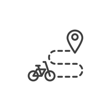 Bisiklet güzergahı simgesi. Mobil konsept ve web tasarımı için doğrusal biçim işareti. Bir harita iğnesi ve bisiklet yolu ana hat vektör simgesi. Sembol, logo çizimi. Vektör grafikleri