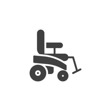 Motorize tekerlekli sandalye vektör ikonu. Mobil konsept ve web tasarımı için düz tabela. Güç Tekerlekli Sandalye sembolü. Sembol, logo çizimi. Vektör grafikleri