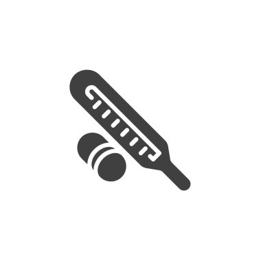 Termometre ve hap vektör ikonu. Mobil konsept ve web tasarımı için düz tabela. Ateşli Ağrı kesici sembol. Sıcaklık yönetimi sembolü, logo illüstrasyonu. Vektör grafikleri